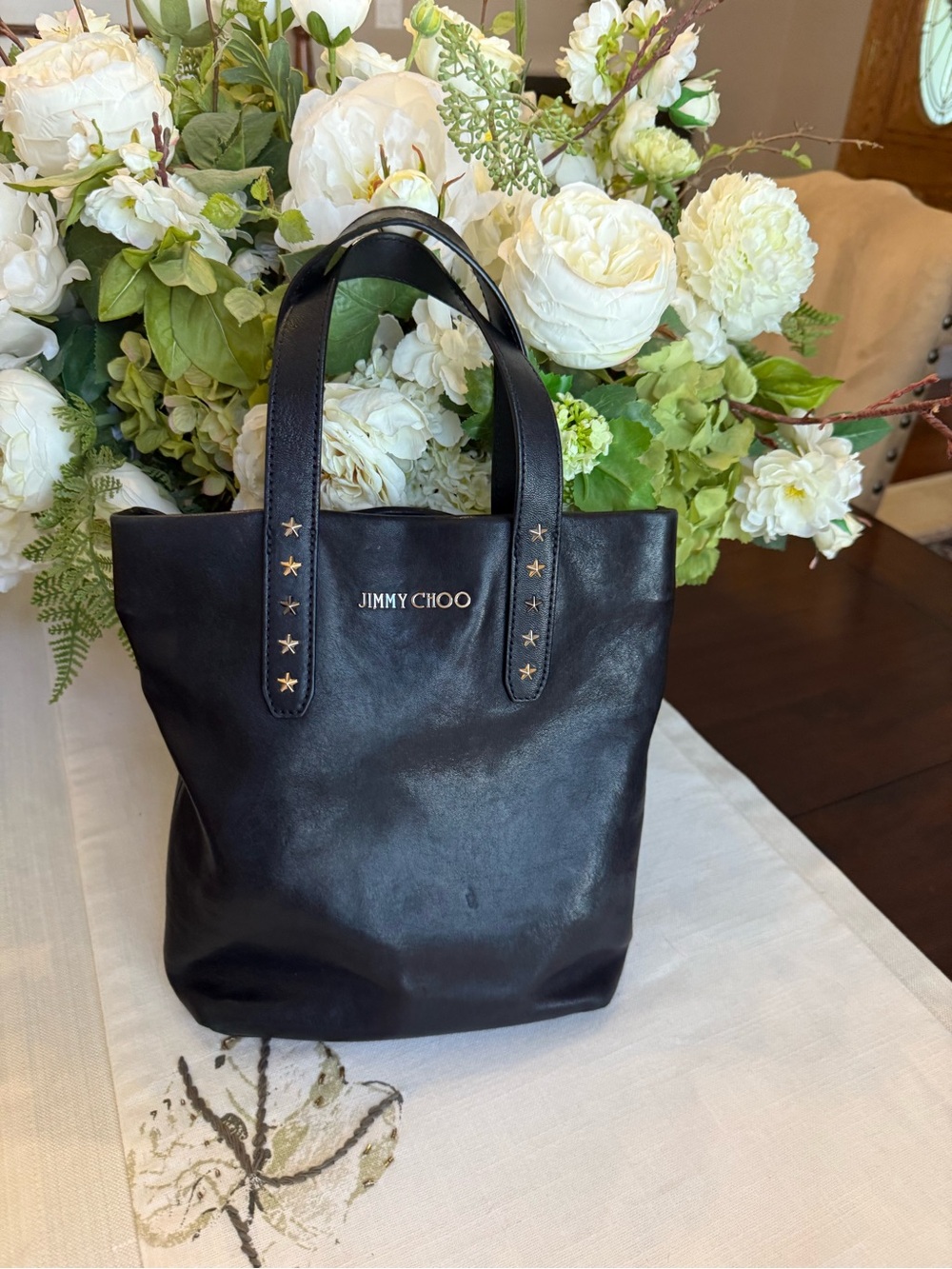 Jimmy Choo Black Leather Tote with Gold Star Accents
